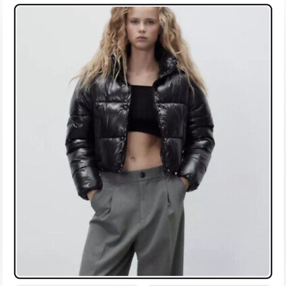NWT Zara Black Cropped Puffer Bomber Jacket Shiny Versatile - Picture 15 of 15